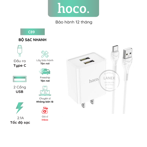 Bộ Sạc Nhanh Hoco C89 2 Cổng Usb Type C 2.1a