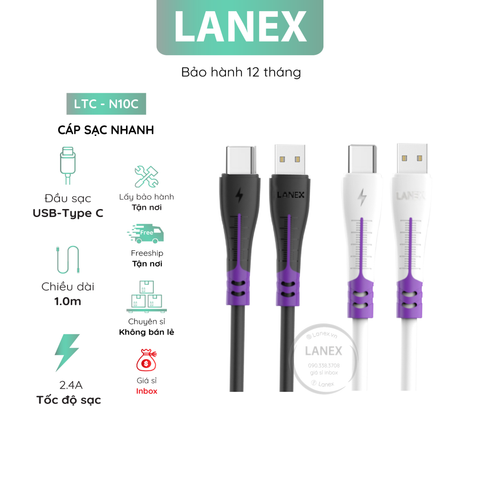 Cáp Sạc Nhanh Lanex Ltc - N10c Nhựa Tpe Type C 2.4a Dài 1m