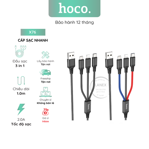 Cáp Sạc Nhanh Hoco X76 Nylon 2.0a 3 In 1 Dài 1.0m