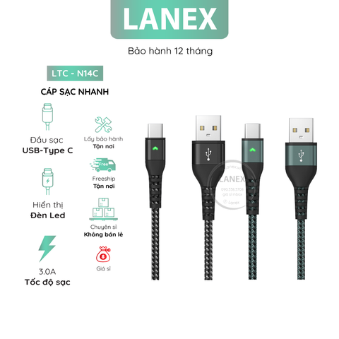 Cáp Sạc Nhanh Lanex Ltc - N14c Dây Dù Có Led Type C 3.0a Dài 2.0m