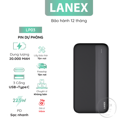 Pin Dự Phòng Lanex Lp03 Polymer A+ 2 Cổng Usb 22.5w 1 Cổng Type C Pd 20w 20000mah Đèn Led