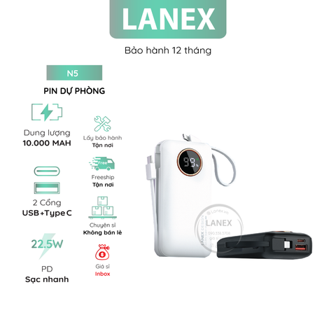 Pin Dự Phòng Lanex N5 Abs 1 Cổng Usb 1 Cổng Type C 1 Cổng Lightning Pd Qc3.0 22.5w 10000mah Màn Hình Led