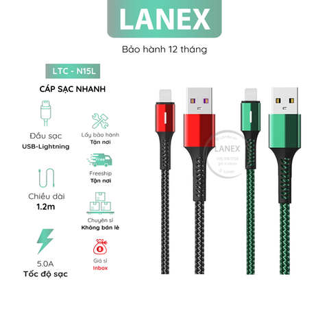 Cáp Sạc Nhanh Lanex Ltc - N15l Dây Dù Tự Ngắt Có Led Lightning 5.0a Dài 1.2m