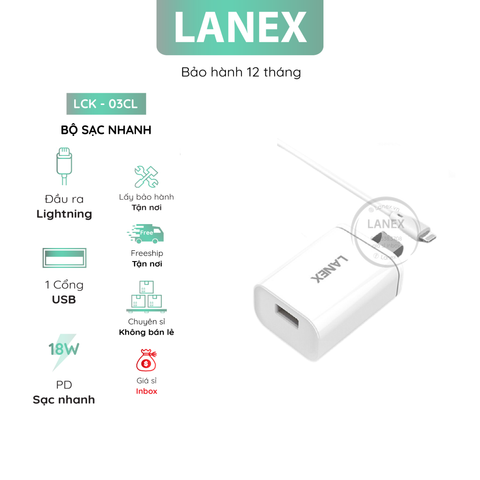 Bộ Sạc Nhanh Lanex Lck - 03cl 1 Cổng Usb Lightning Pd Qc3.0 18w Dài 1.0m