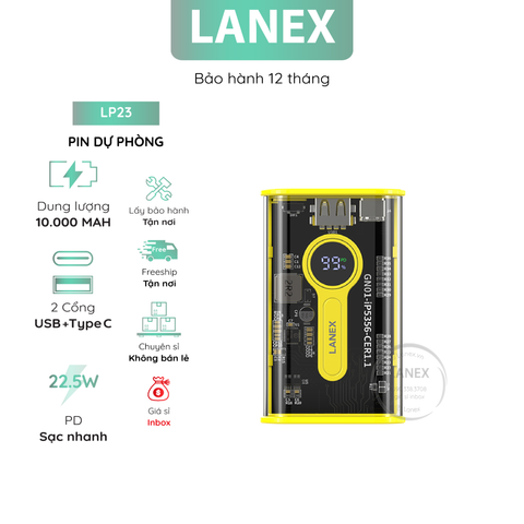 Pin Dự Phòng Lanex Lp23 Abs 1 Cổng Usb 22.5w + 1 Cổng Type C Pd 20w 10000mah Màn Hình Led