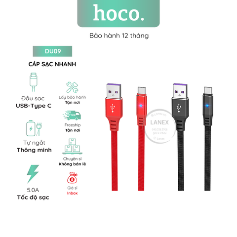 Cáp Sạc Nhanh Hoco Du09 Dây Dù Tự Ngắt Có Led Type C 5.0a Dài 1.0m