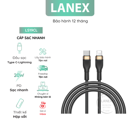 Cáp Sạc Nhanh Lanex Ls19cl Dây Dù Hộp Sắt Type C To Lightning Pd 20w Dài 1.0m