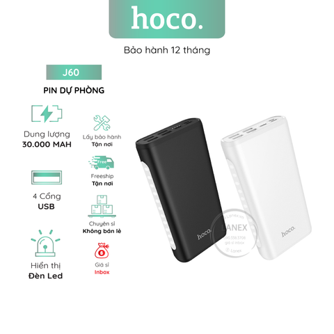 Pin Dự Phòng Hoco J60 Polymer 4 Cổng Usb 2.0a 30000mah Đèn Led