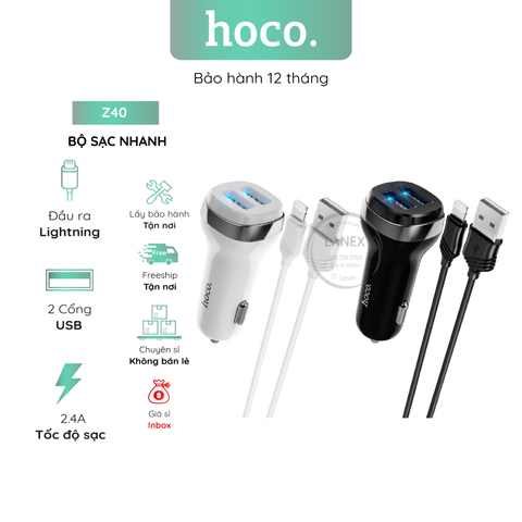 Bộ Sạc Nhanh Hoco Z40 Xe Hơi 2 Cổng Usb Lightning 2.4a Dài 1.m