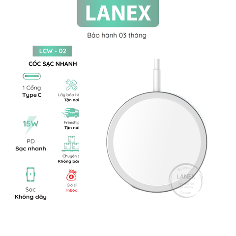 Cóc Sạc Nhanh Lanex Lcw - 02 Đế Không Dây Type C 13 Pro Max / 13 Pro / 12 Pro Max / 12 Pro 15w Dài 1.0m