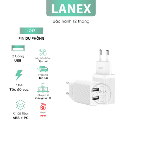 Cóc sạc Nhanh Lanex Lc43 2 Cổng Usb 3.0a ( Hộp 20 Cái / Giá 1 Cái )