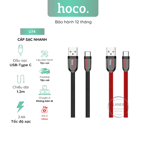 Cáp Sạc Nhanh Hoco U74 Dây Dù Type C 2.4a Dài 1.2m