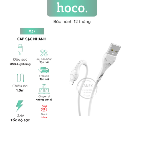 Cáp Sạc Nhanh Hoco X37 Nhựa Pvc Lightning 2.4a Dài 1.0m