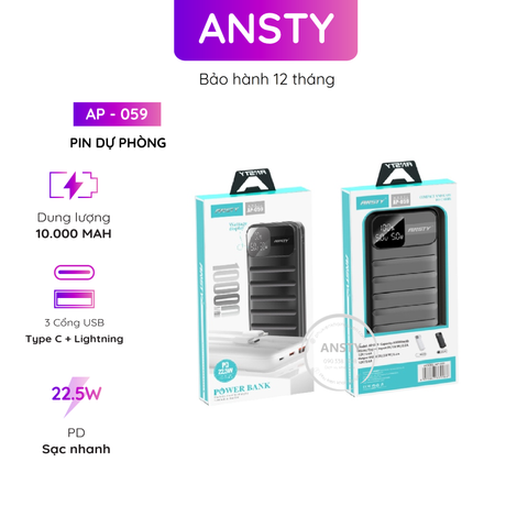Pin Dự Phòng Ansty Ap - 059 Cáp 2 In 1 ( Type C Lightning ) 1 Type C 1 Lightning PD 22.5W + 20W 10000mAh Màn Hình Led