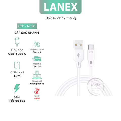 Cáp Sạc Nhanh Lanex Ltc - N05c Nhựa Pvc Type C 6.0a Dài 1m