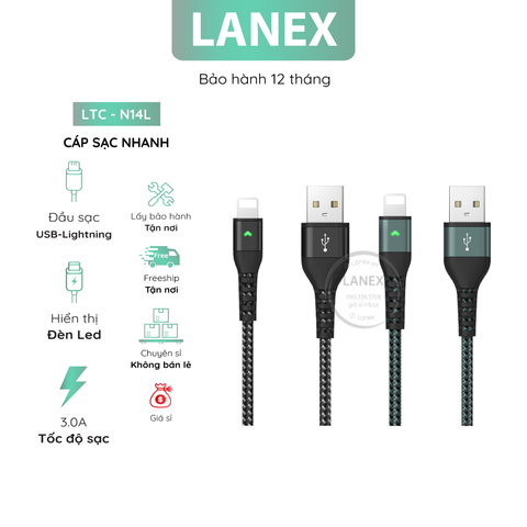 Cáp Sạc Nhanh Lanex Ltc - N14l Dây Dù Có Led Lightning 3.0a Dài 2.0m