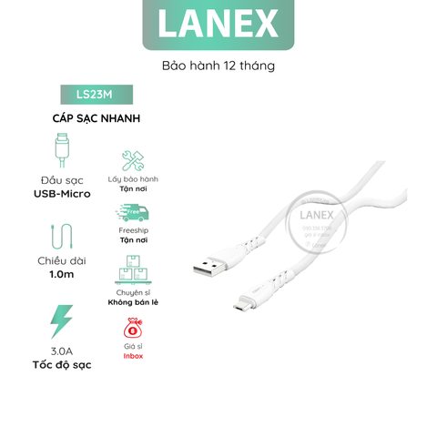 Cáp Sạc Nhanh Lanex Ls23m Nhựa Pvc Micro 3.0a Dài 1m