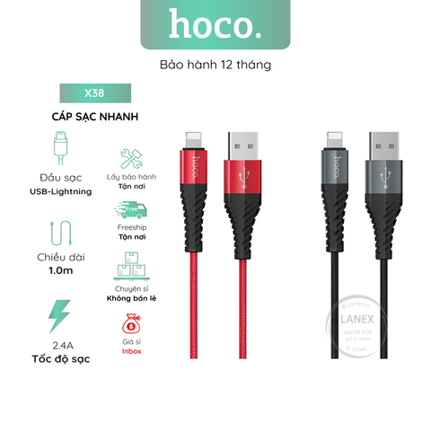 Cáp Sạc Nhanh Hoco X38 Dây Dù Lightning 2.4a Dài 1.0m