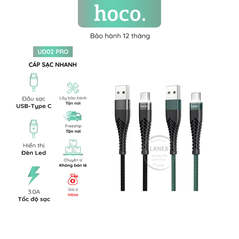 Cáp Sạc Nhanh Hoco Ud02 Pro Dây Dù Có Led Type C 3.0a Dài 1.0m