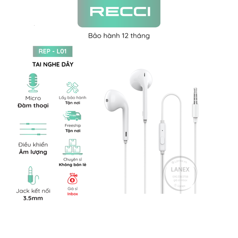 Tai Nghe Dây Recci Rep - L01 Tpe Jack 3.5mm Có Mic Dài 1.2m