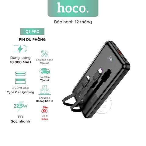 Pin Dự Phòng Hoco Q9 Pro Polymer 1 Cổng Usb 1 Cổng Type C 1 Cổng Lightning Pd Qc3.0 22.5w 10000mah Màn Hình Led