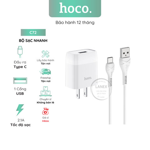 Bộ Sạc Nhanh Hoco C72 1 Cổng Usb Type C 2.1a Dài 1.0m