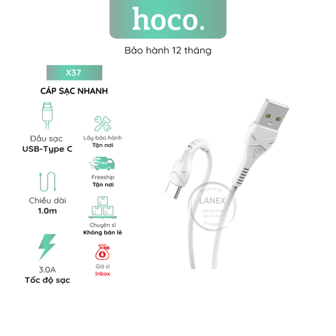 Cáp Sạc Nhanh Hoco X37 Nhựa Pvc Type C 3.0a Dài 1.0m