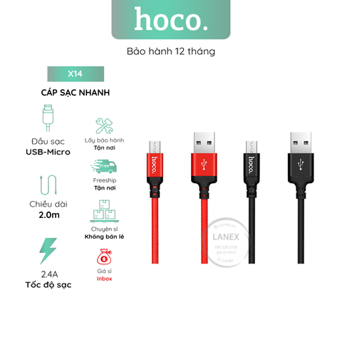 Cáp Sạc Nhanh Hoco X14 Dây Dù Micro 2.4a Dài 2.0m