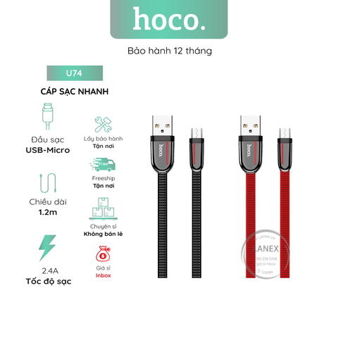 Cáp Sạc Nhanh Hoco U74 Dây Dù Micro 2.4a Dài 1.2m