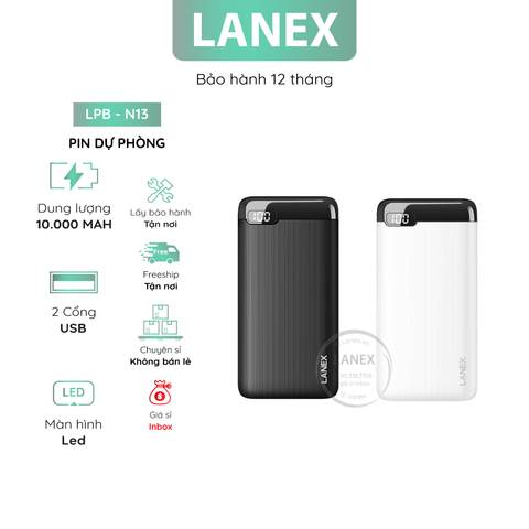 Pin Dự Phòng Lanex Lpb - N13 2 Cổng Usb 2.1a 10000mah Màn Hình Led