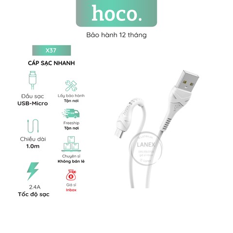 Cáp Sạc Nhanh Hoco X37 Nhựa Pvc Micro 2.4a Dài 1.0m
