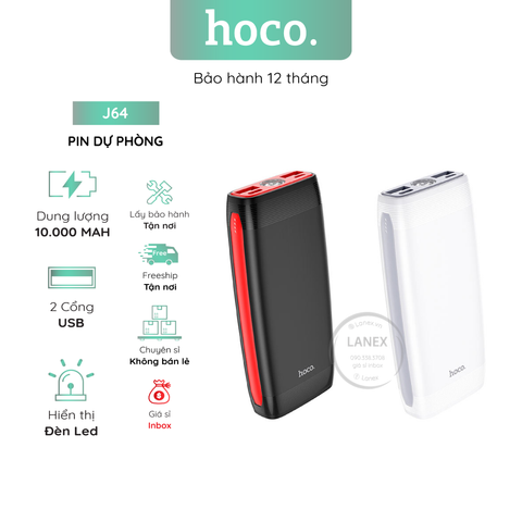 Pin Dự Phòng Hoco J64 Polymer A+ 2 Cổng Usb 2.0a 10000mah Đèn Led