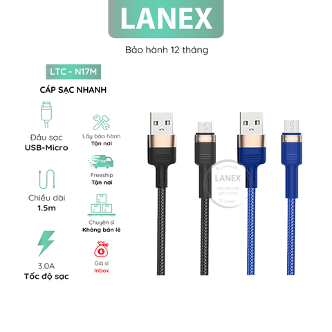 Cáp Sạc Nhanh Lanex Ltc - N17m Dây Dù Micro 3.0a Dài 1.5m