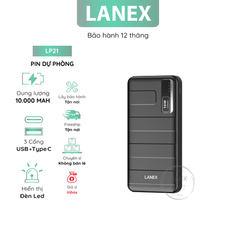 Pin Dự Phòng Lanex Lp21 Abs 2 Cổng Usb 2.1a 10000mah Đèn Led