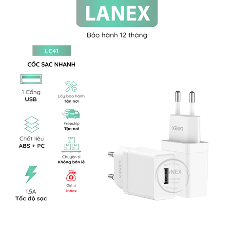 Cóc Sạc Nhanh Lanex Lc41 1 Cổng Usb 1.5a ( Hộp 20 Cái / Giá 1 Cái )