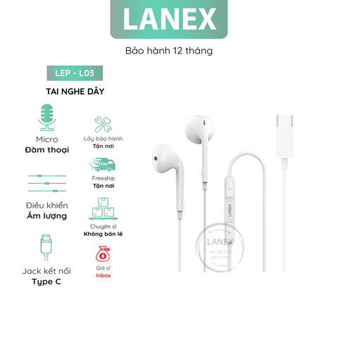 Tai Nghe Dây Lanex Lep - L03 Tpe Jack Type C Có Mic Dài 1.2m