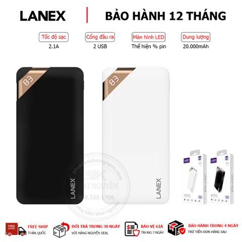 PIN DỰ PHÒNG LITHIUM 2 CỔNG USB 2.1A 20000MAH LANEX LPB-N10 - ĐÈN LED