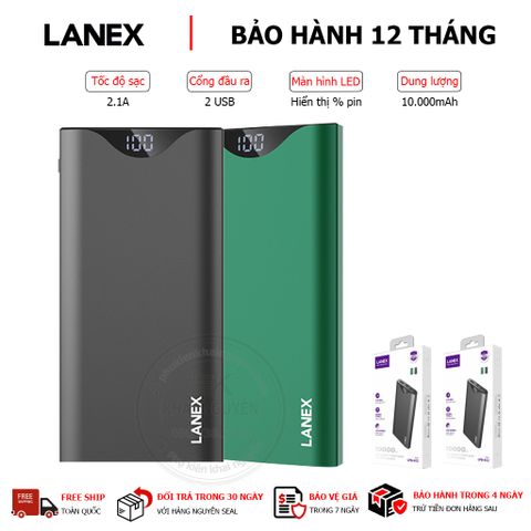 PIN DỰ PHÒNG POLYMER A+ 2 CỔNG USB 2.1A 10000MAH LANEX LPB-N12 - MÀN HÌNH LED