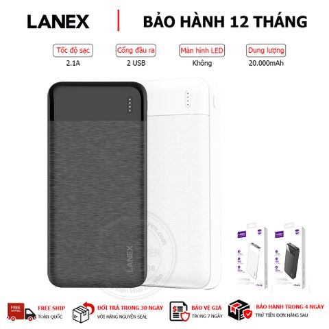 PIN DỰ PHÒNG 2 CỔNG USB 2.1A 20000MAH LANEX LPB-N18 - ĐÈN LED