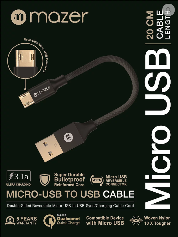 Mazer Micro-USB Reversible 3.1A Fast Charging Cable-0.2M