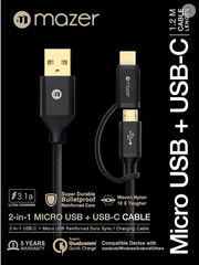 Mazer 2-in-1 USB-C + Micro-USB 3.1A Fast Charging Cable-1.2M