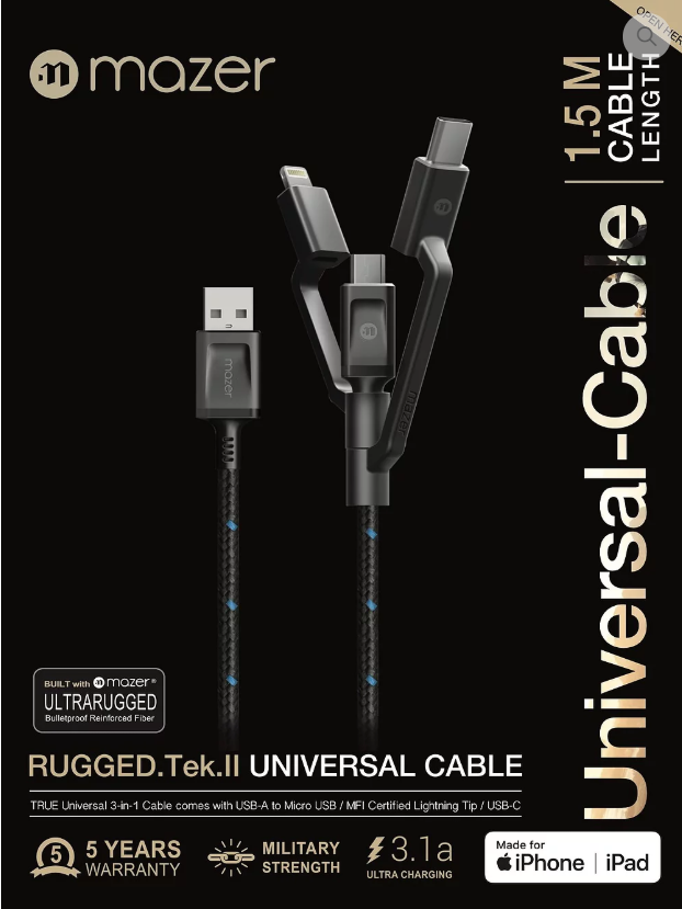 Multi-Tips Rugged.Tek.II 1.5M USB to Lightning+Micro USB+USB-C Cable