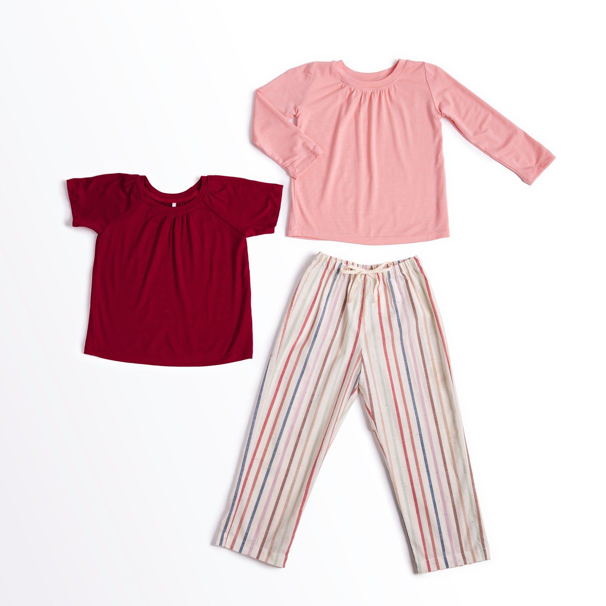  Bộ mặc nhà bé gái quần dài - Áo đỏ/hồng quần dài sọc nhiều màu 