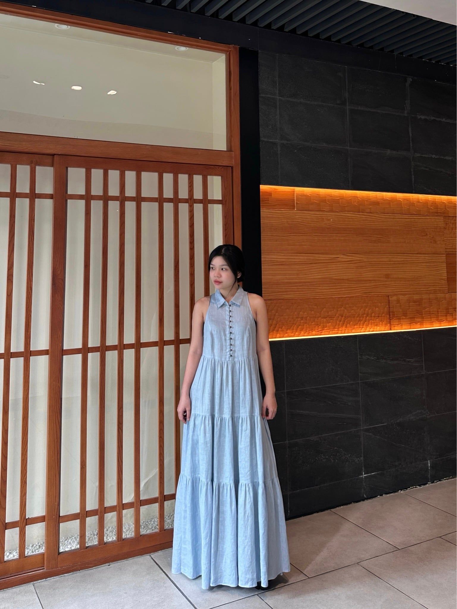  Đầm dài Linen sát nách nhún eo 