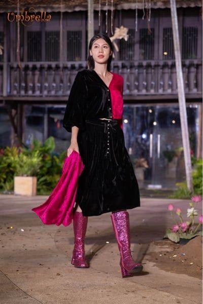  Váy nhung nút trước thắt nơ 