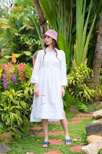  Đầm Linen sơ mi suông nẹp chân 