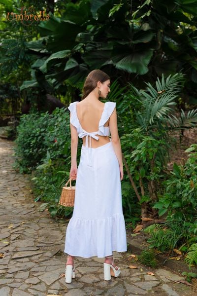  Đầm Dài Linen Bèo Ngực Khoét Eo 