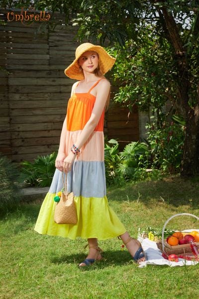 Đầm dài Linen 2 dây 4 tầng 