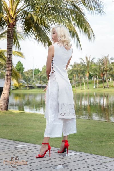  Áo dài Linen đan hông 