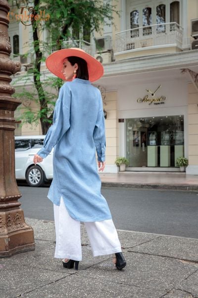  Áo Linen sơ mi dài cổ trụ 